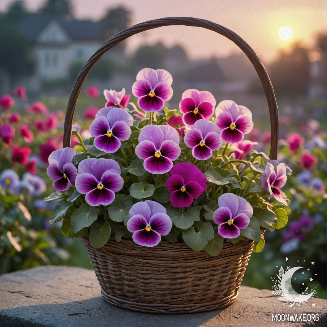 Fuchsia Pansies in Mist at Sunset A basket filled with fuchsia pansies shrouded in mist at sunset.