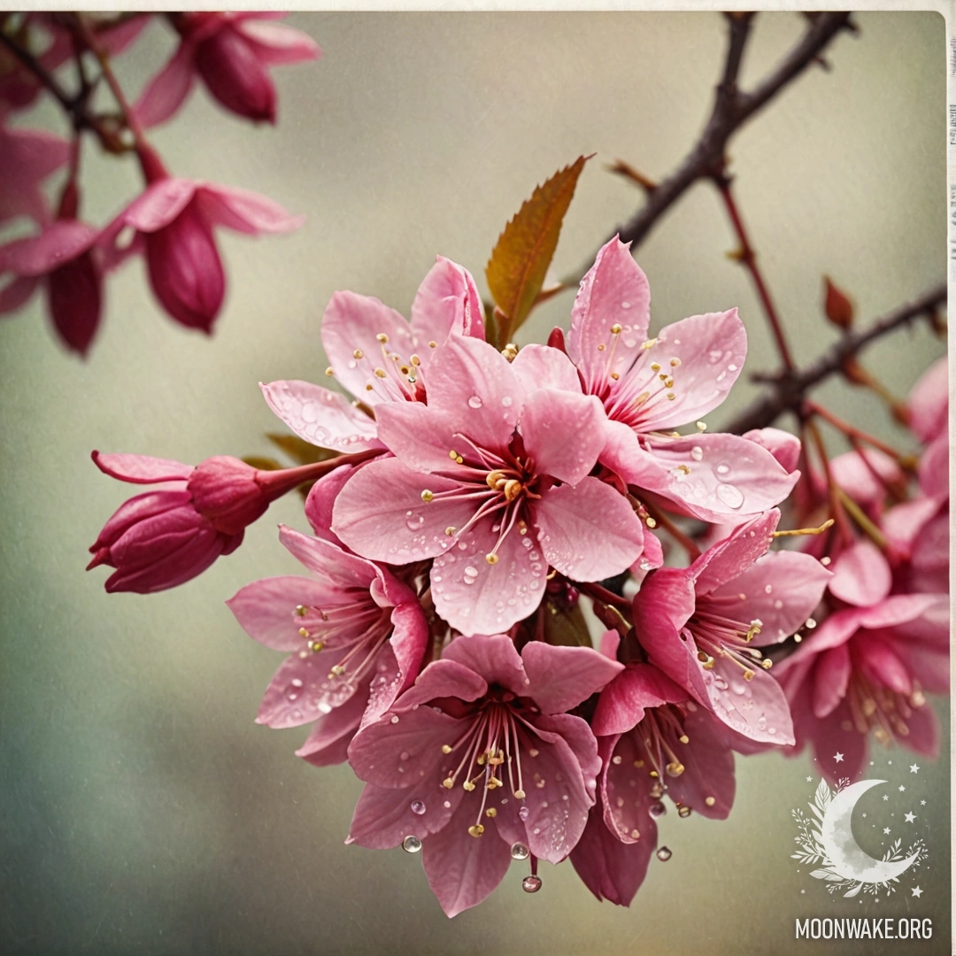 A vibrant bouquet of fuchsia sakura flowers adorned with dew drops.