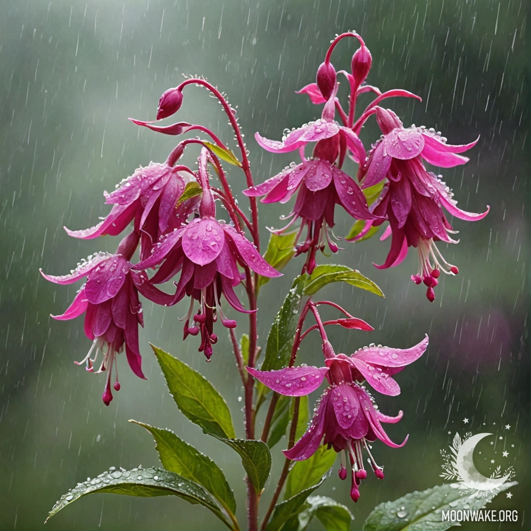 A bouquet of fuchsia wildflowers enveloped in misty rain.
