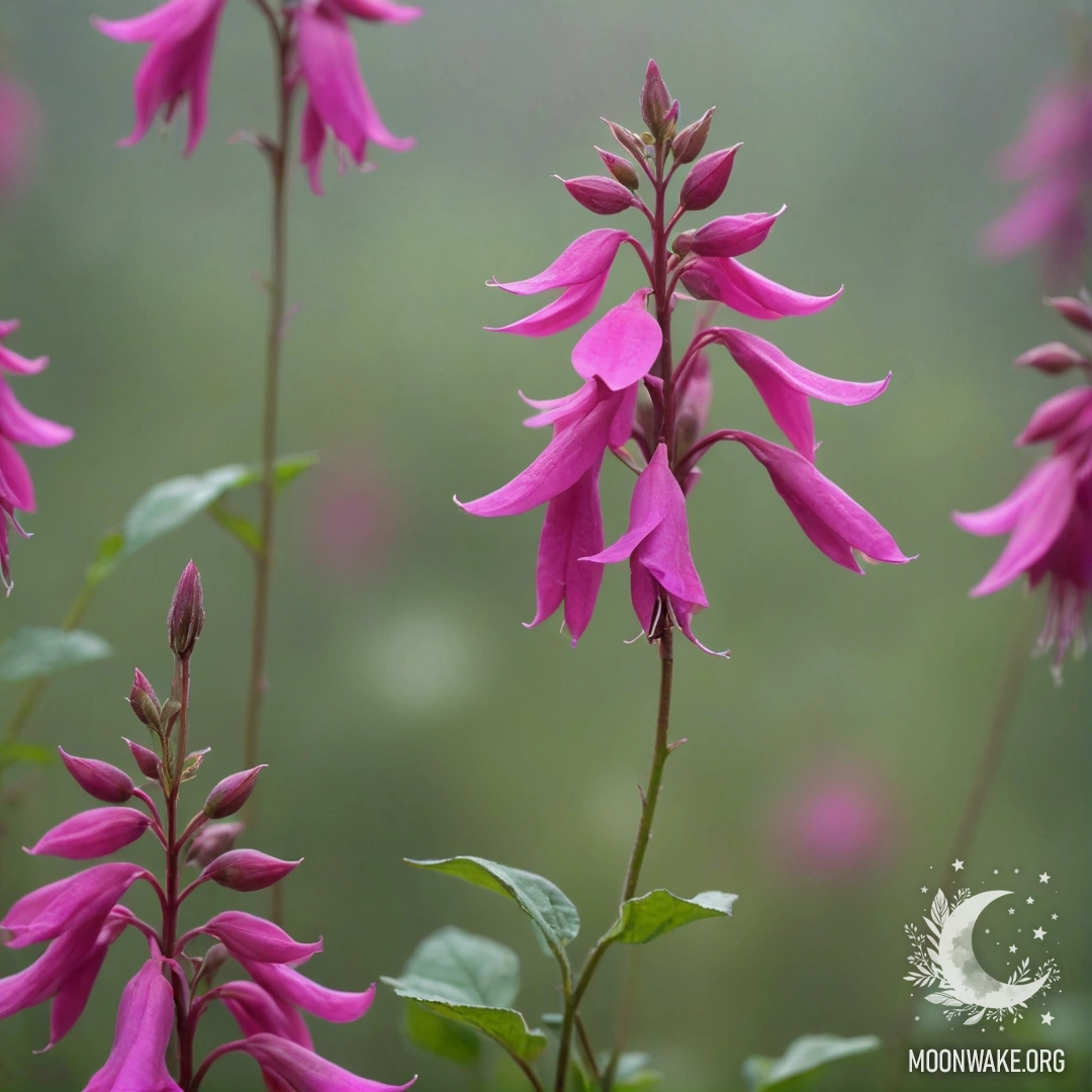 Vibrant fuchsia wildflowers surrounded by a soft mist