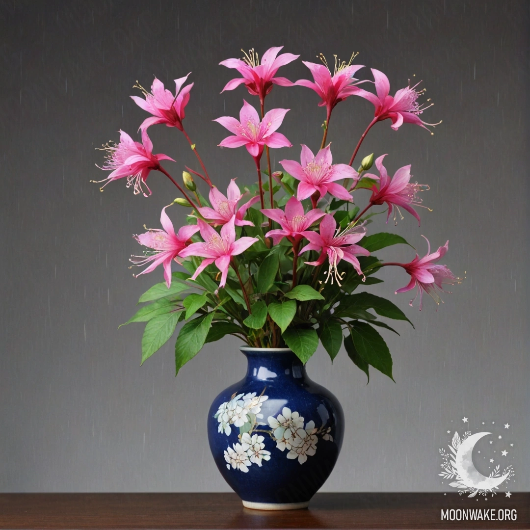 Fuchsia Wildflowers in a Rainy Vase A vase filled with calm fuchsia wildflowers under the rain.