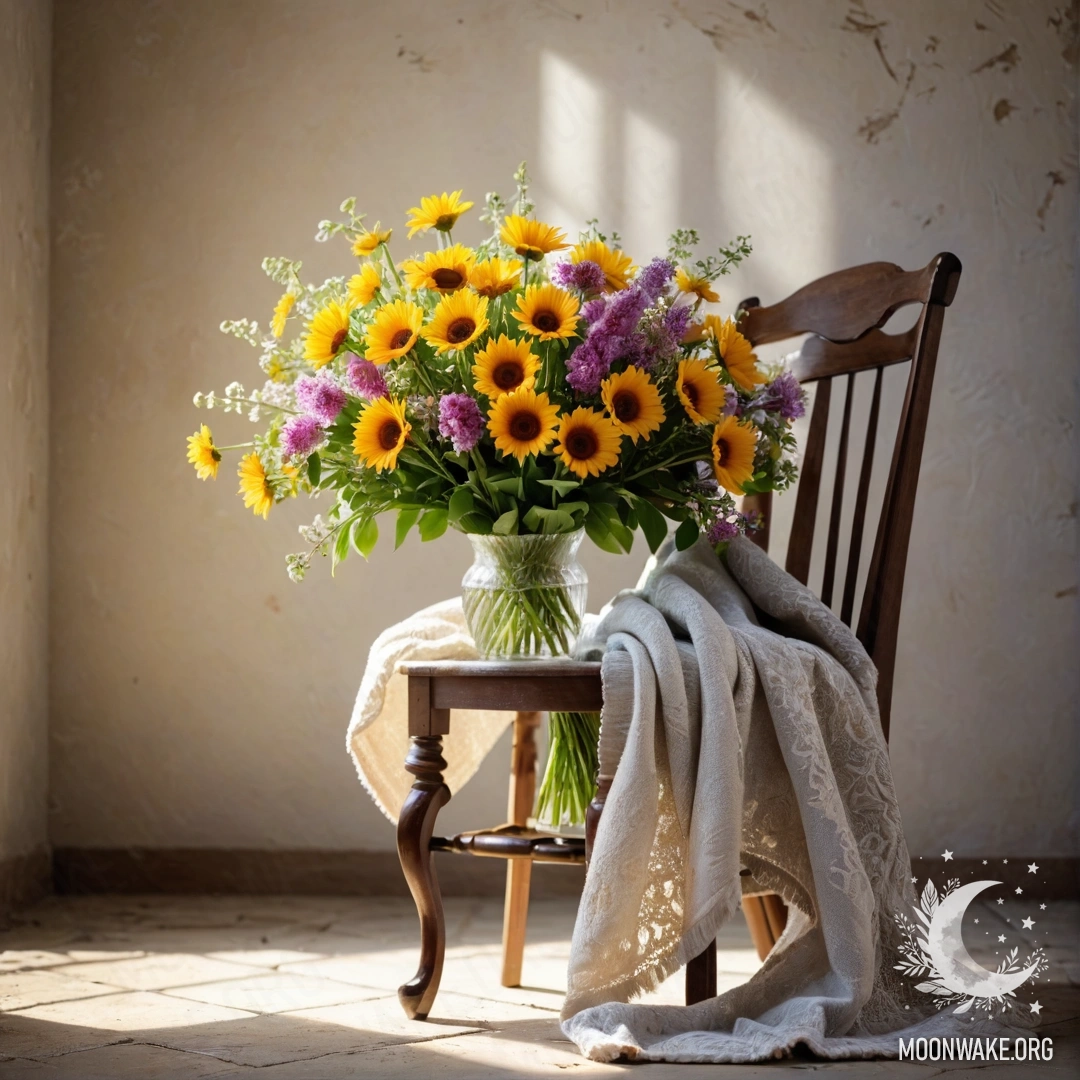 A vintage chair with a blanket adorned by a bouquet of flowers, against a shabby wall illuminated by sun rays.