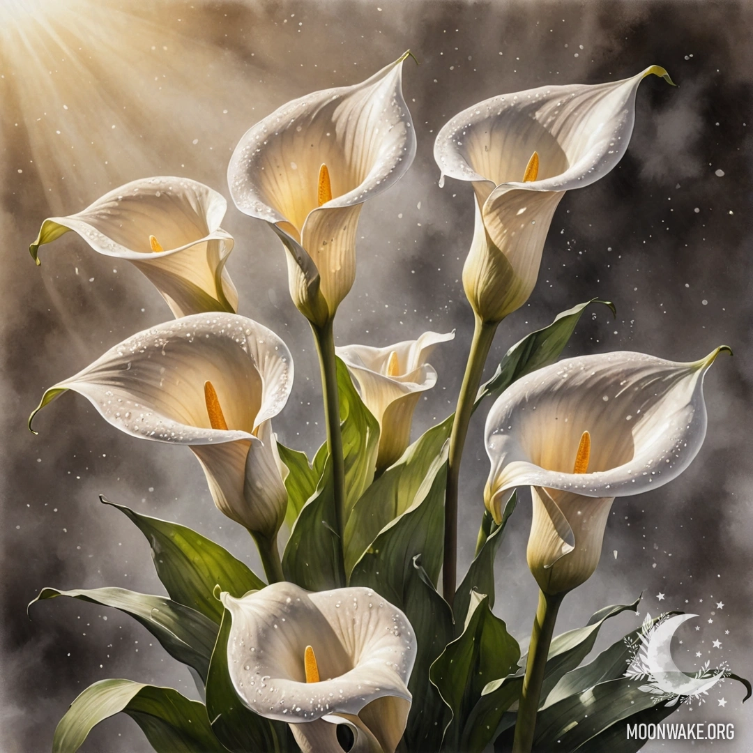 A serene arrangement of calla lilies surrounded by mist and sunlight.