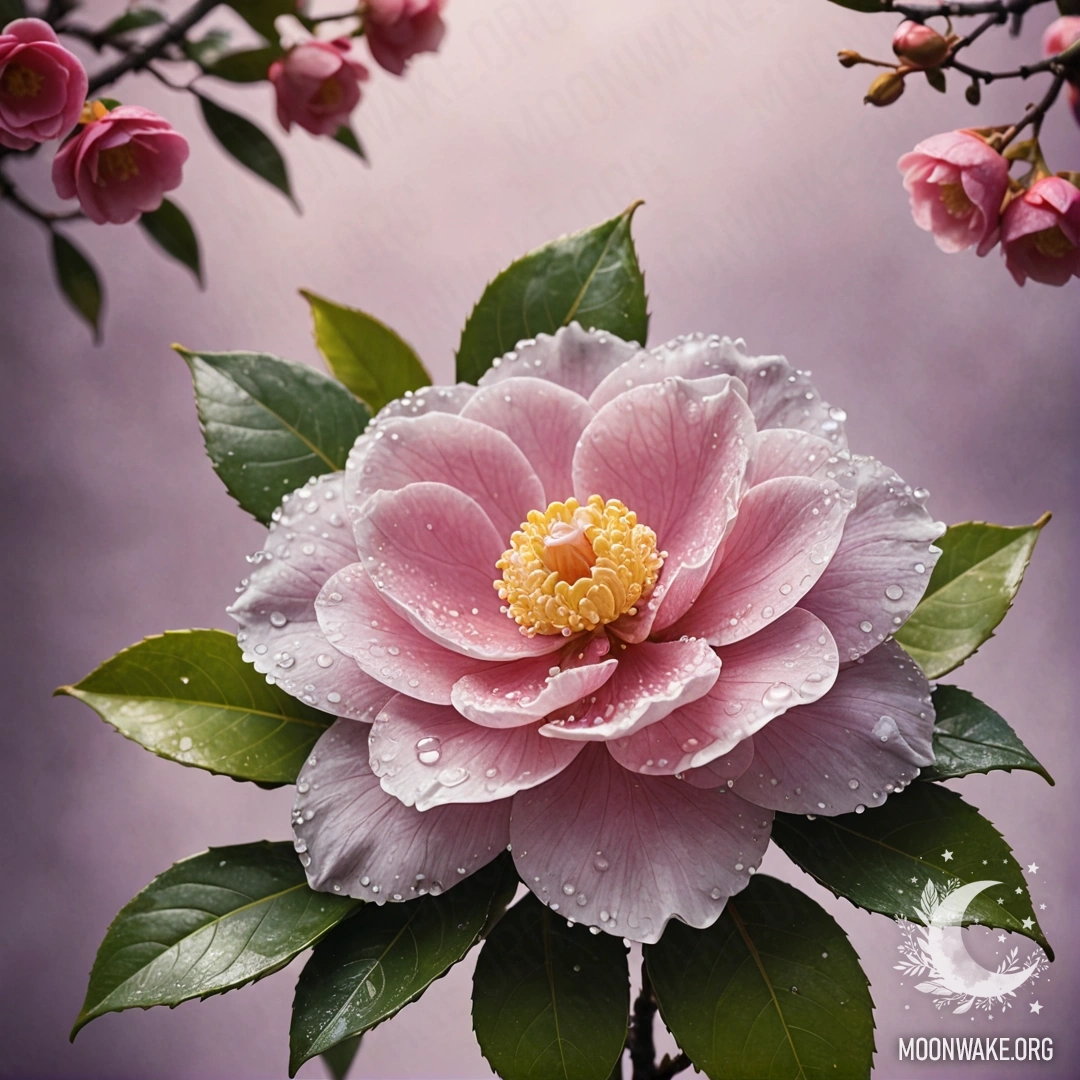 A bouquet of purple camellias adorned with dewdrops, illuminated by sun rays.