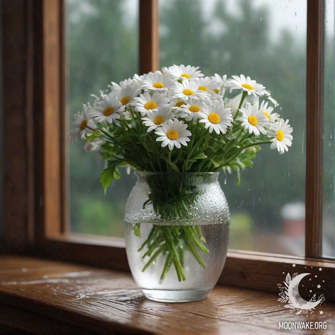 A glass vase holding daisies sits on a vintage wooden windowsill as rain falls around it.
