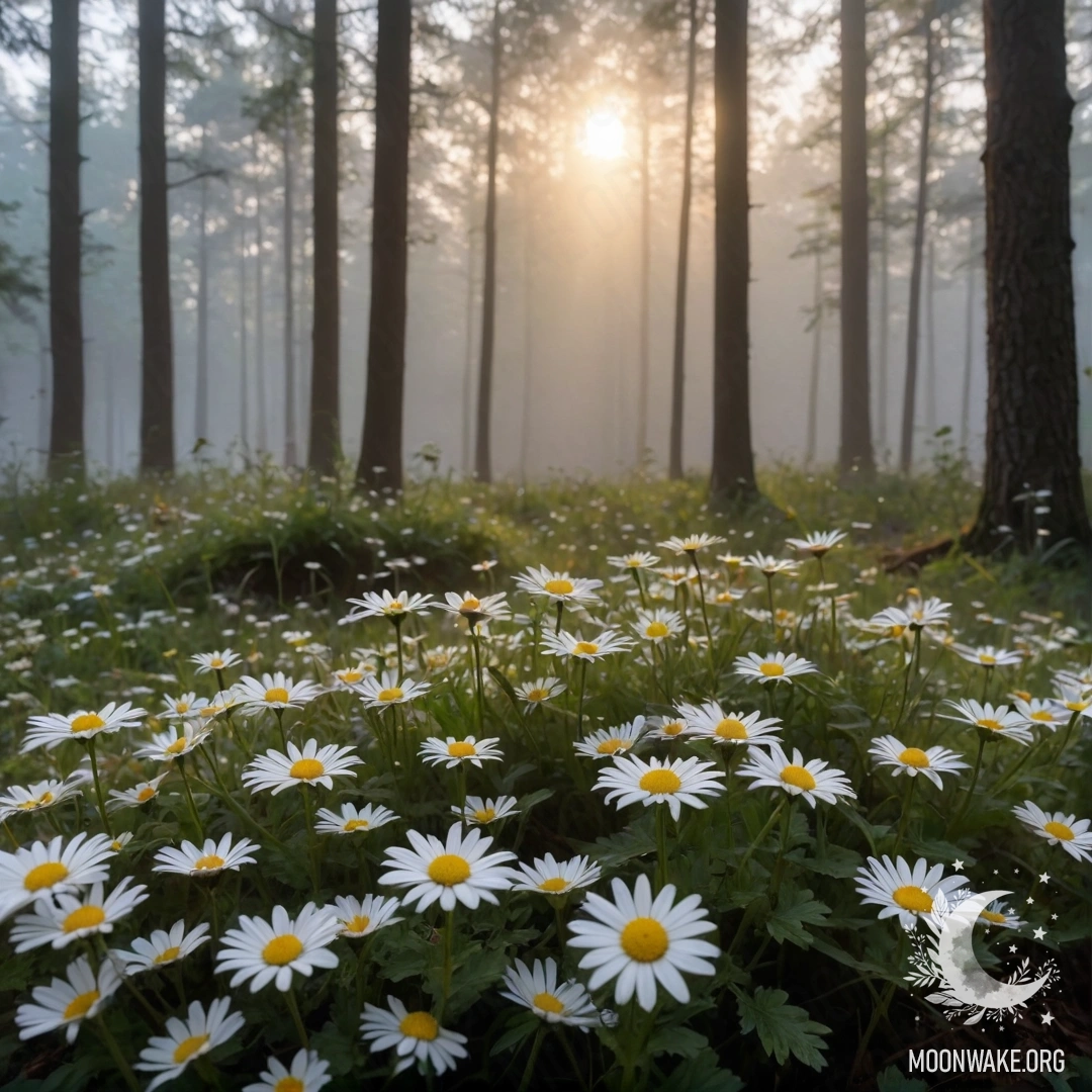 Close-up of daisies illuminated by the sunset in a foggy forest.