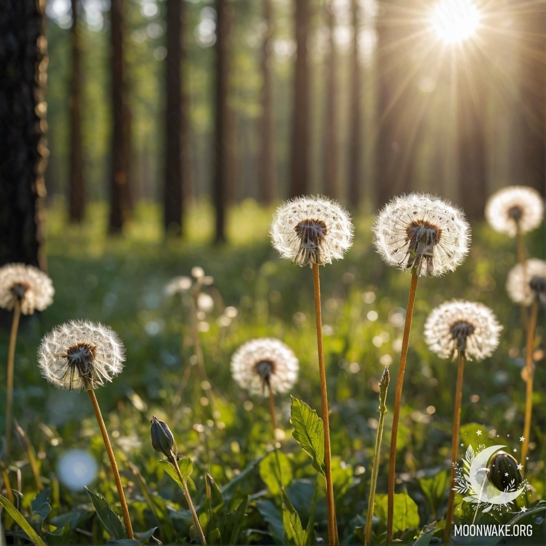 Gentle Dandelion Field with Forest Bokeh A close-up of delicate dandelions against a blurred forest background with soft light flares.