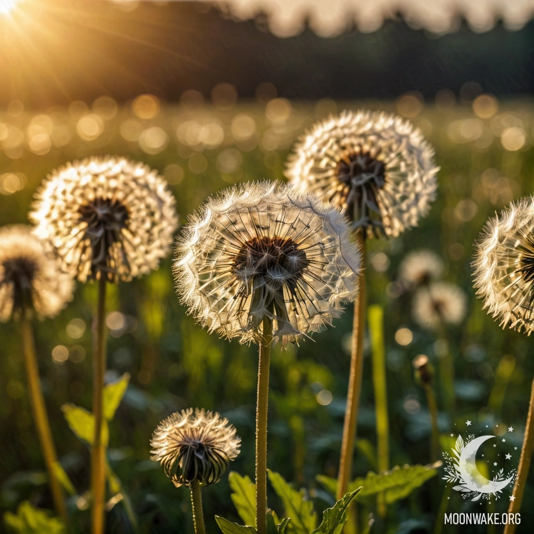 Close-up of dandelions against a bokeh sunset background.