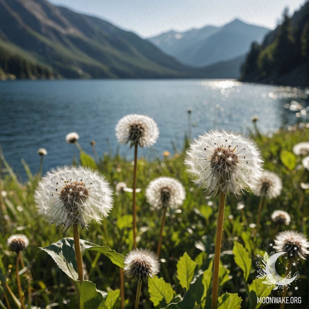 Gentle Dandelions by the Lake Close-up view of dandelions in a sunny field with a blurred mountain lake in the background.