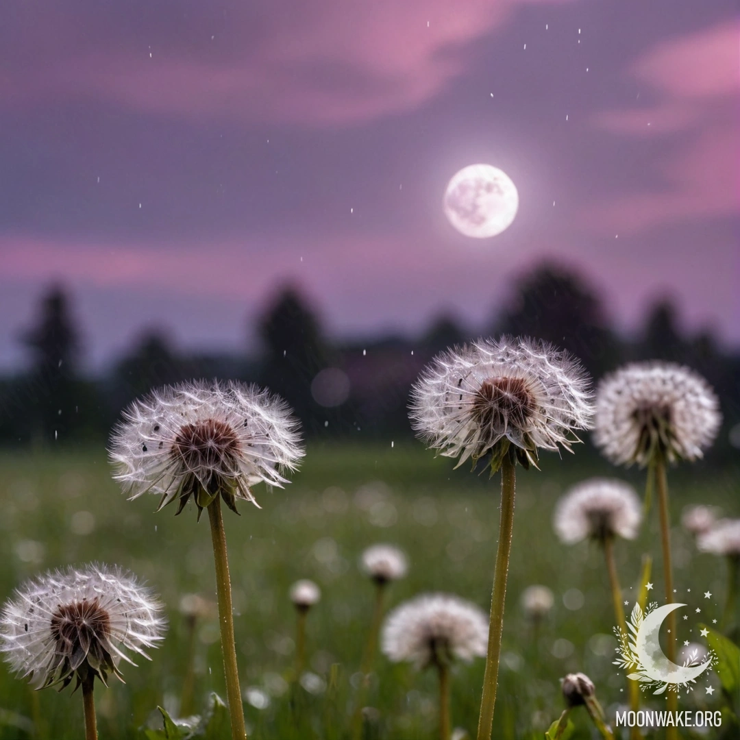Gentle Dandelions Beneath a Pink Violet Sky Close-up of dandelions in a field with a pink violet sky and moon.