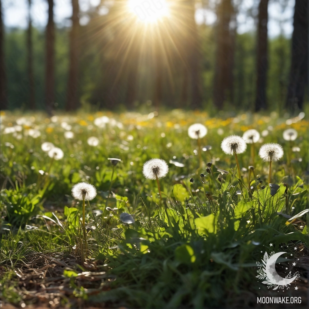 Close-up of dandelions in a calm field with a blurred forest backdrop and sun rays filtering through the trees.