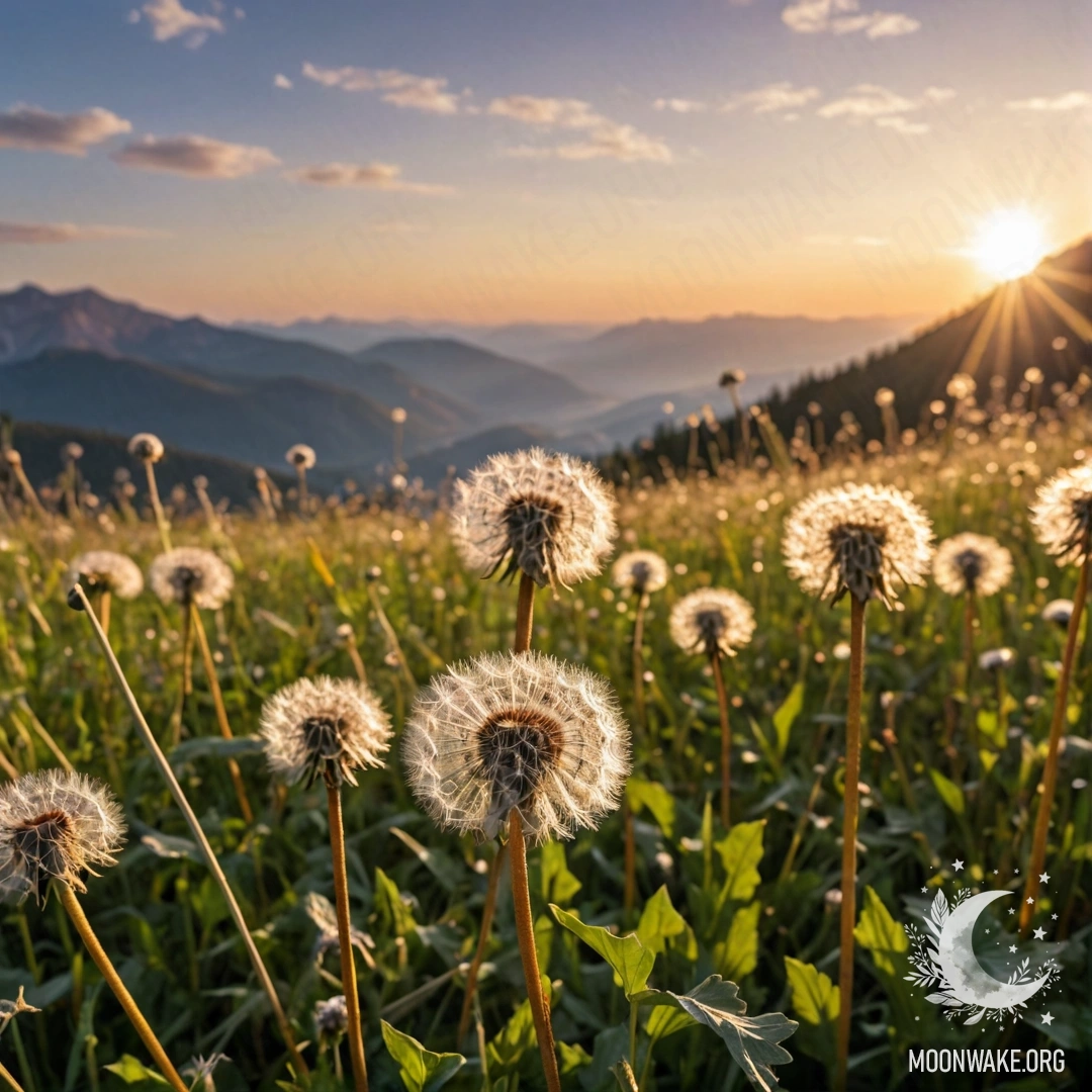 Close-up of dandelions against a blurred mountain background during sunset.