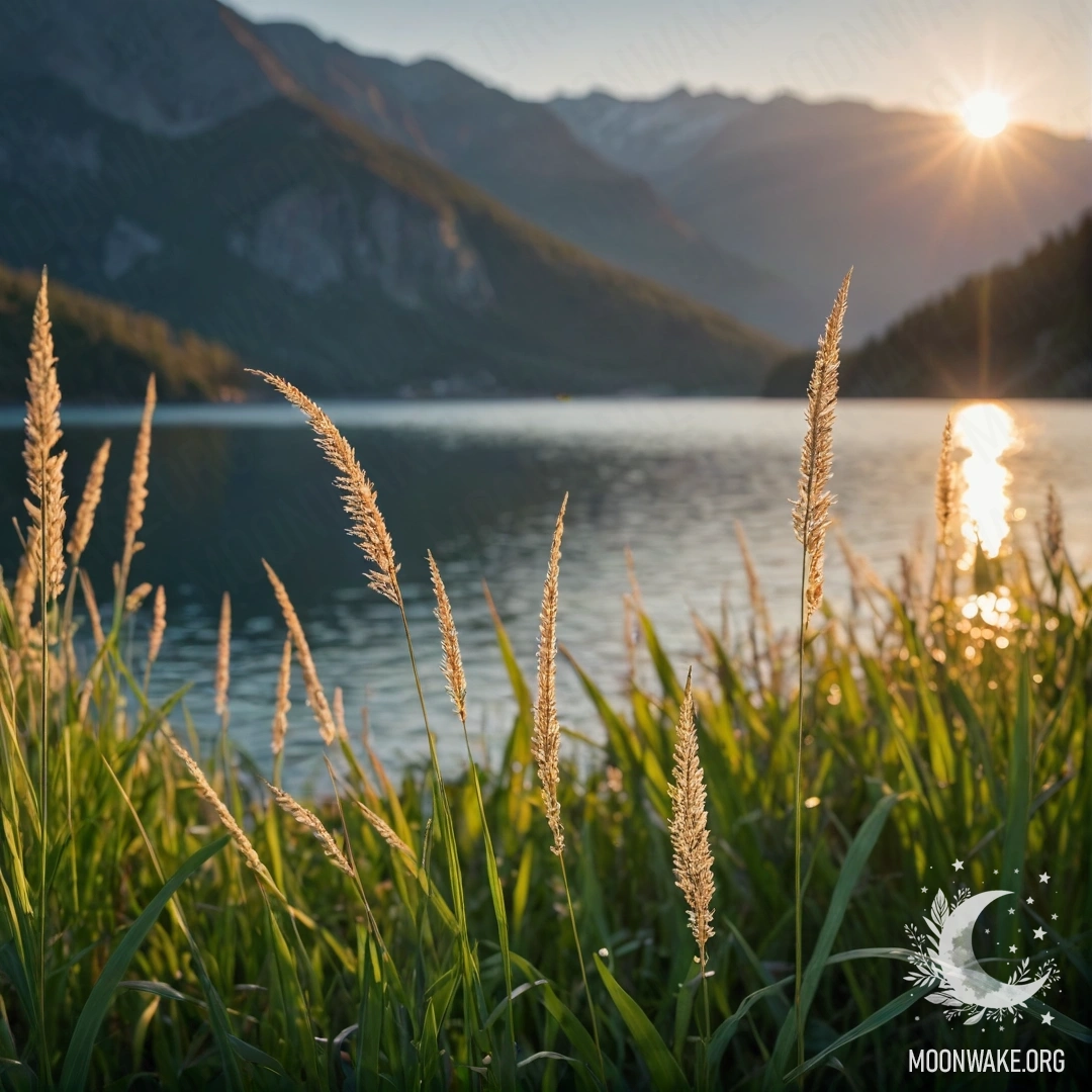 Close-up of soft grass in a field against a blurred mountainous lake at sunset.