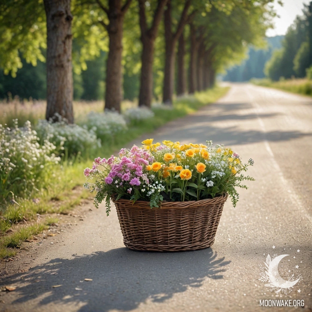 A calm dirt road with a basket of flowers surrounded by softly lit trees.