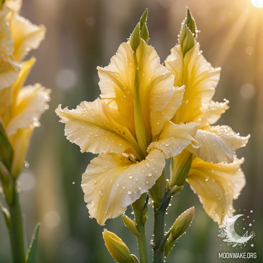 A cream yellow gladiolus adorned with dew drops, glowing in the sunset light, sparkles with glitter.