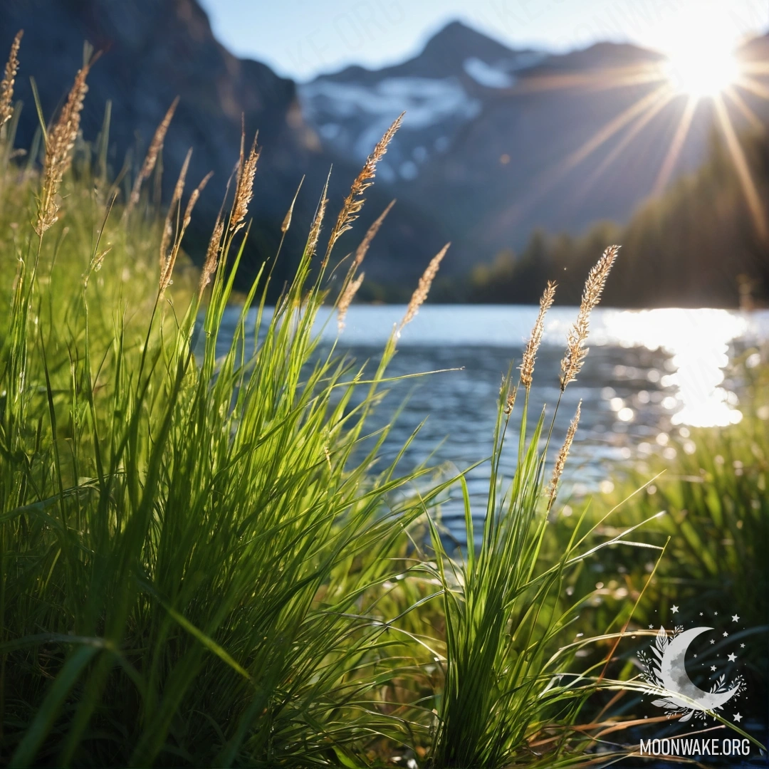 Close-up of gentle field grass with a bokeh mountain lake in the background.
