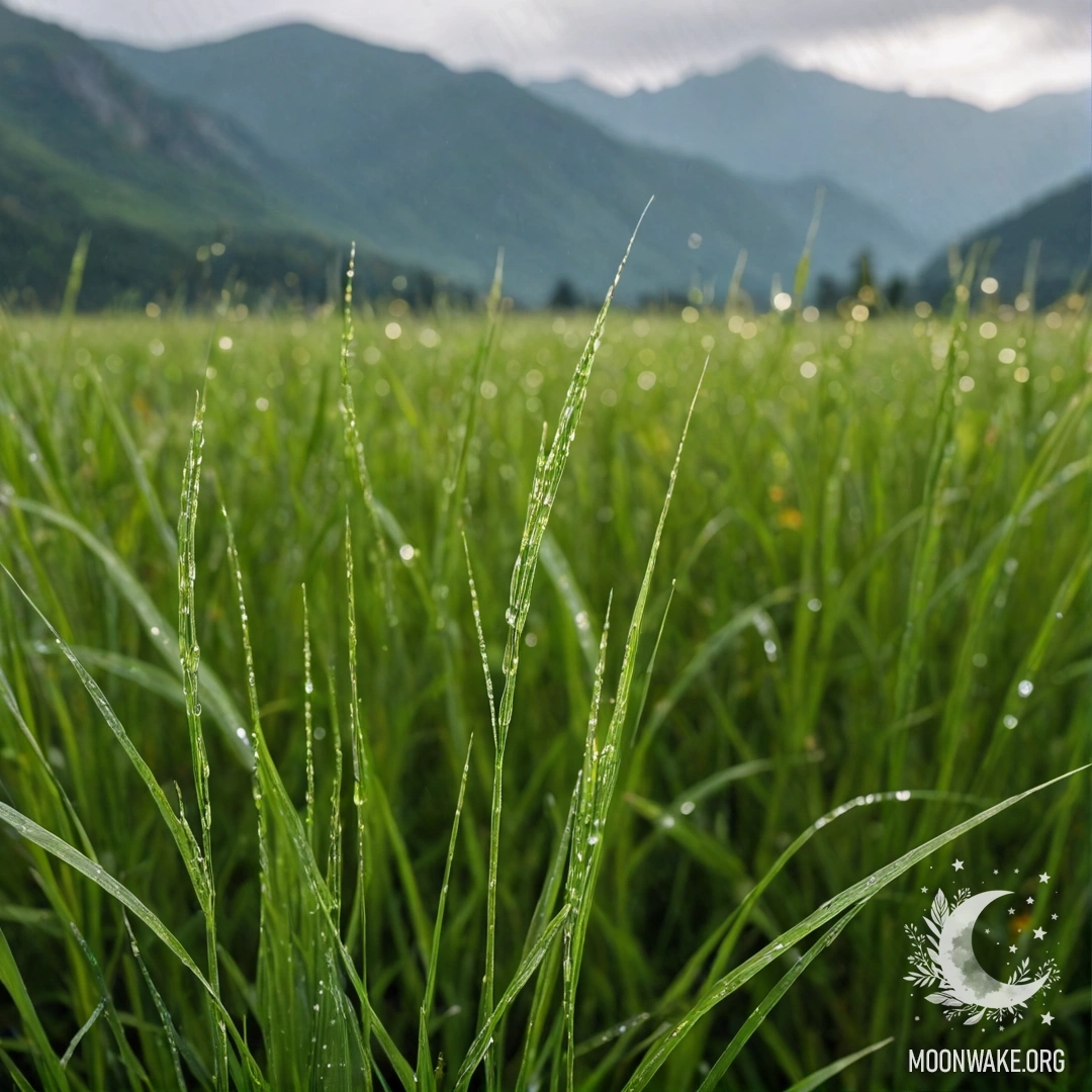 Gentle Grass and Bokeh Mountains in the Rain Close-up of sweet field grass against a blurred background of mountains in the rain.