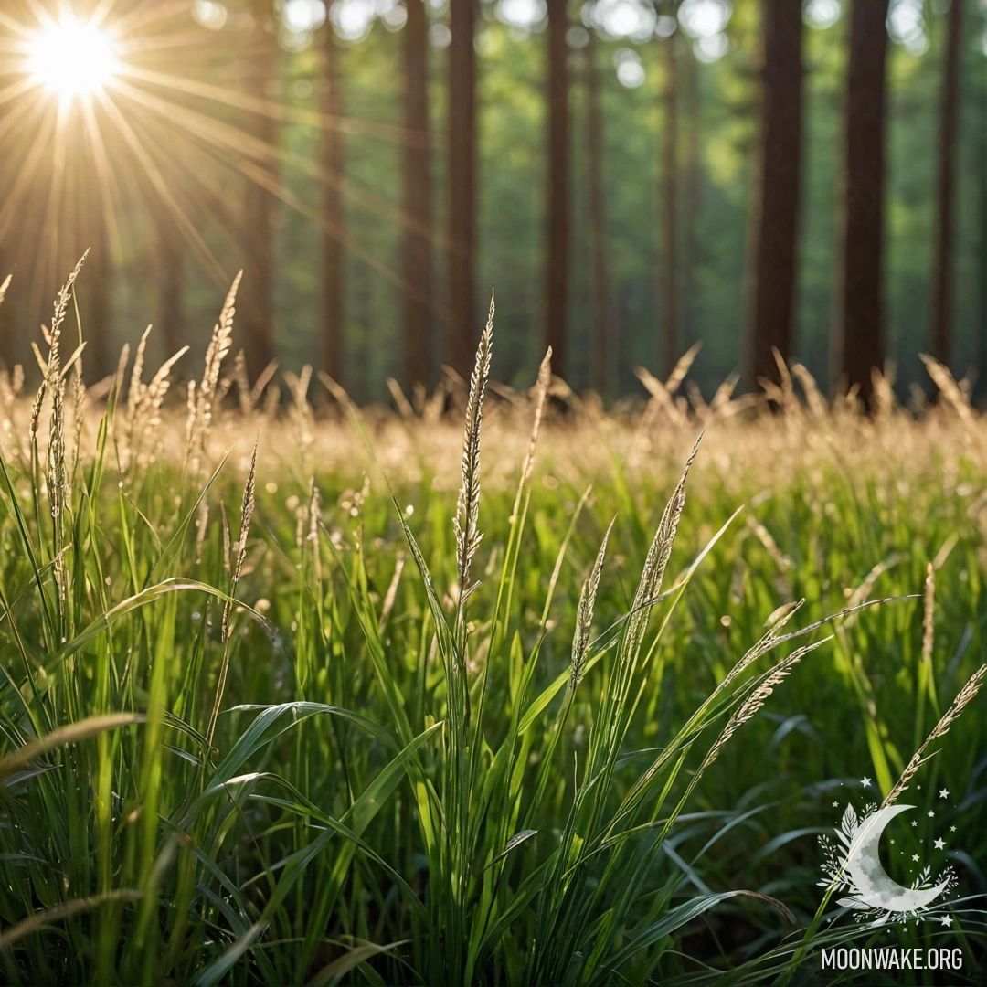 Close-up of gentle grass with soft sunlight filtering through tree leaves.