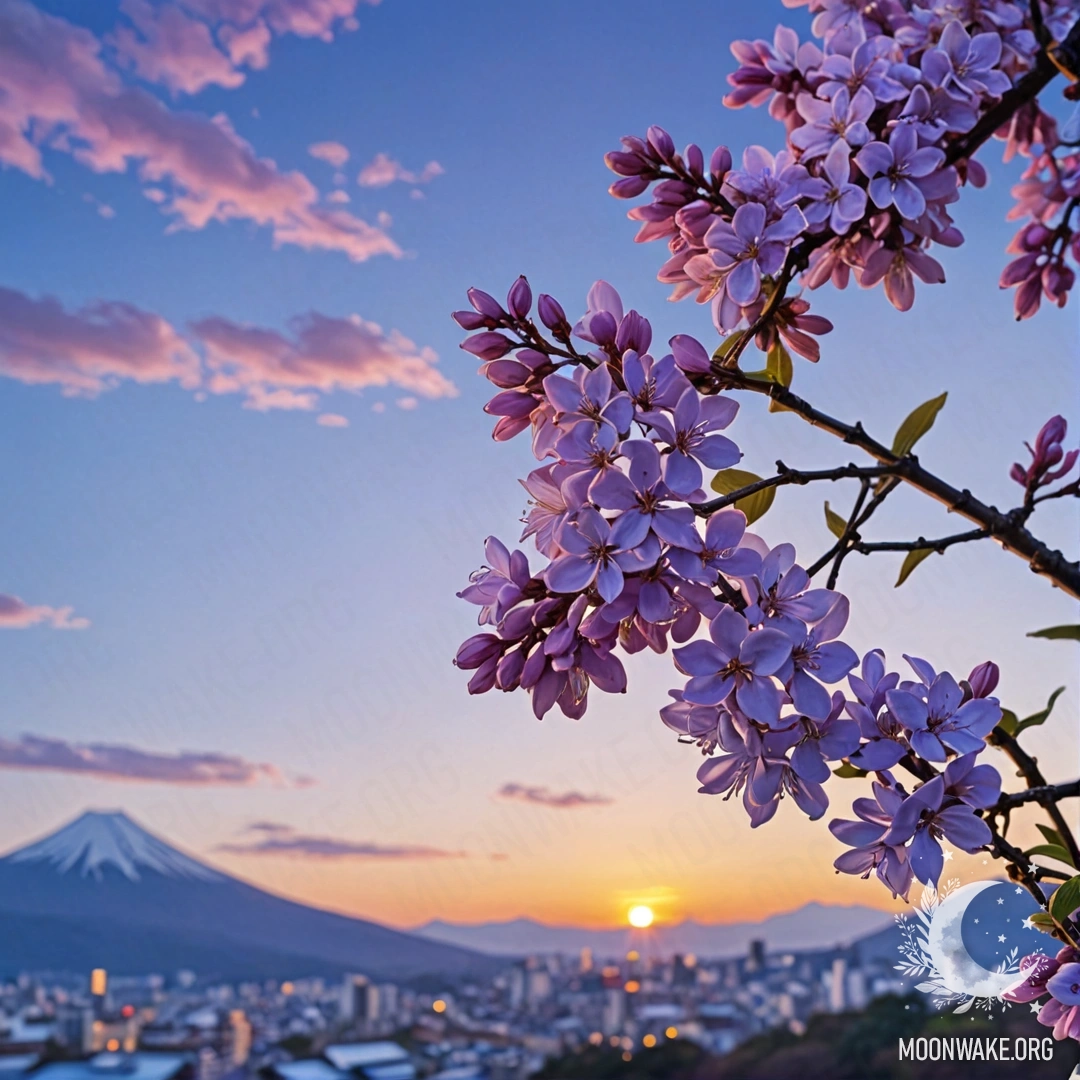 Painting of lilac flowers with a blue sunset background.