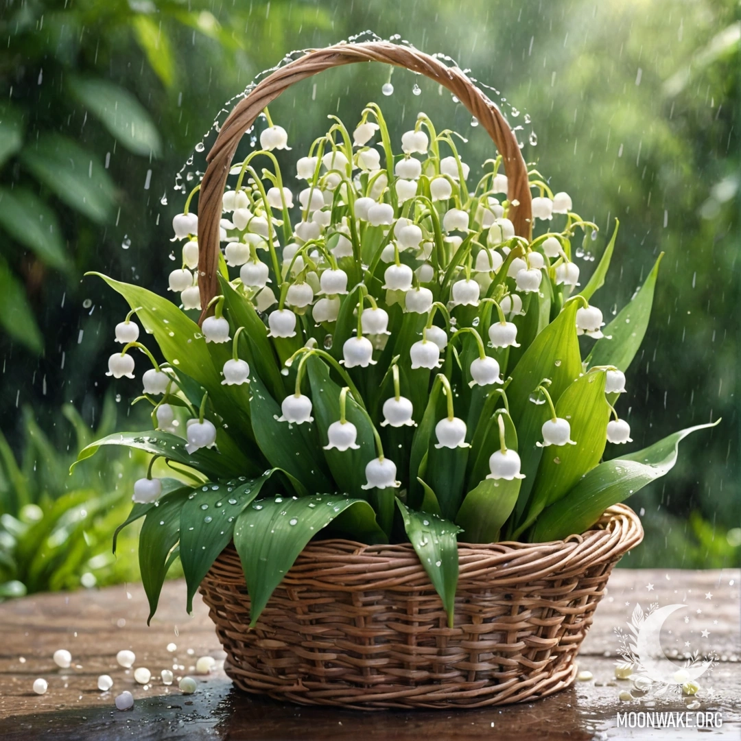 A basket of lily of the valley flowers, green and vibrant, under raindrops with sunlight shining through.