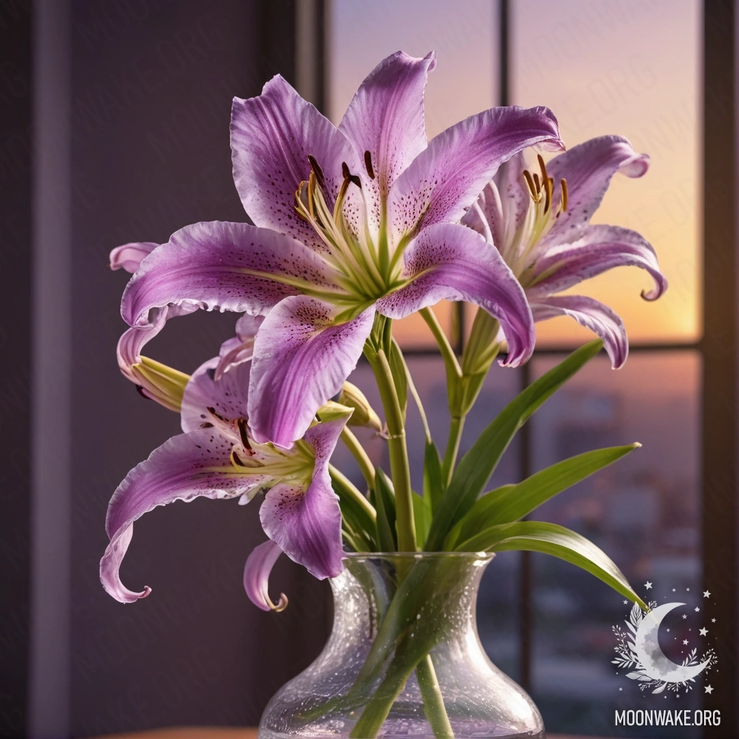 A delicate lily flower with a spider web in a purple vase during sunset.