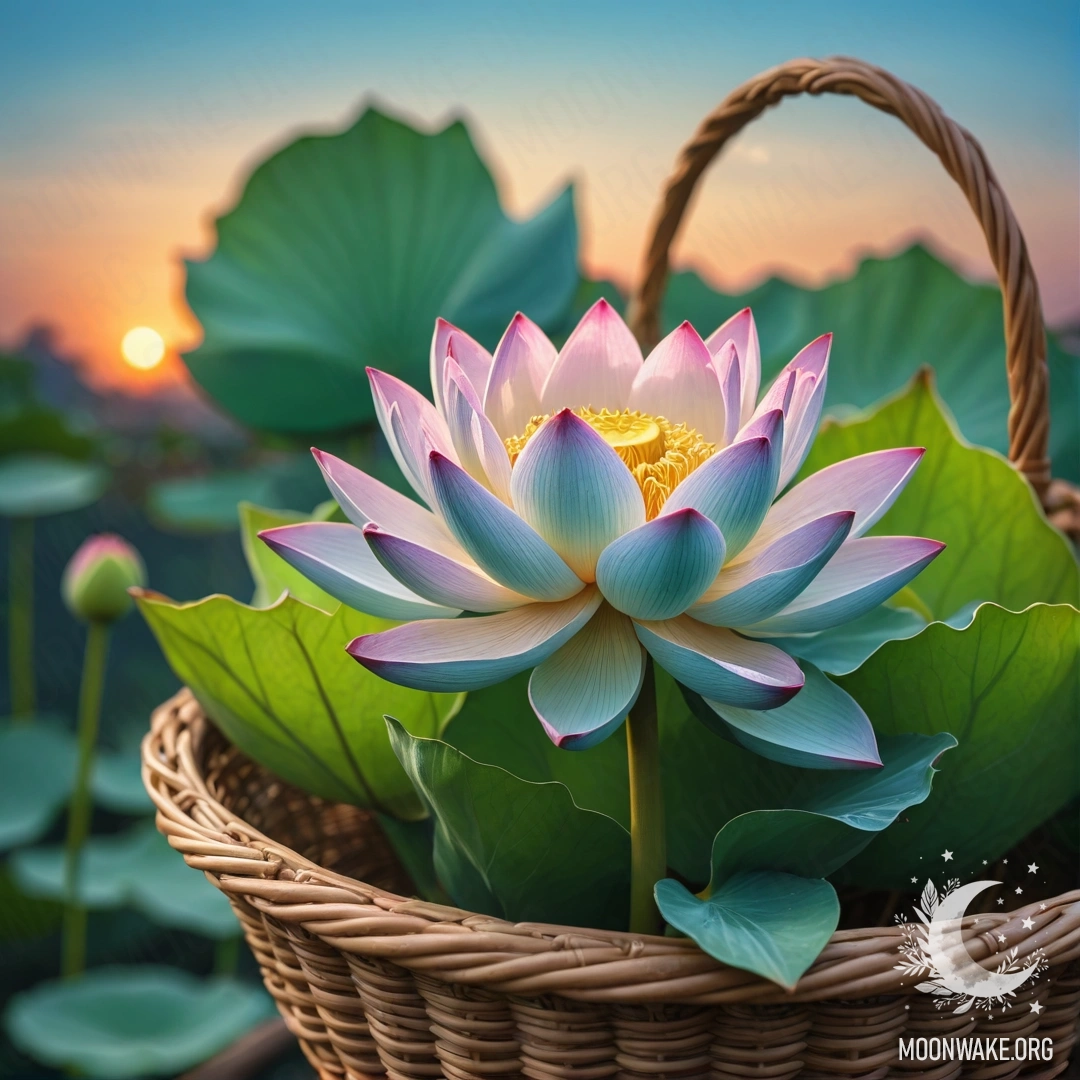 A delicate lotus flower resting in a greenish-blue basket at sunset.