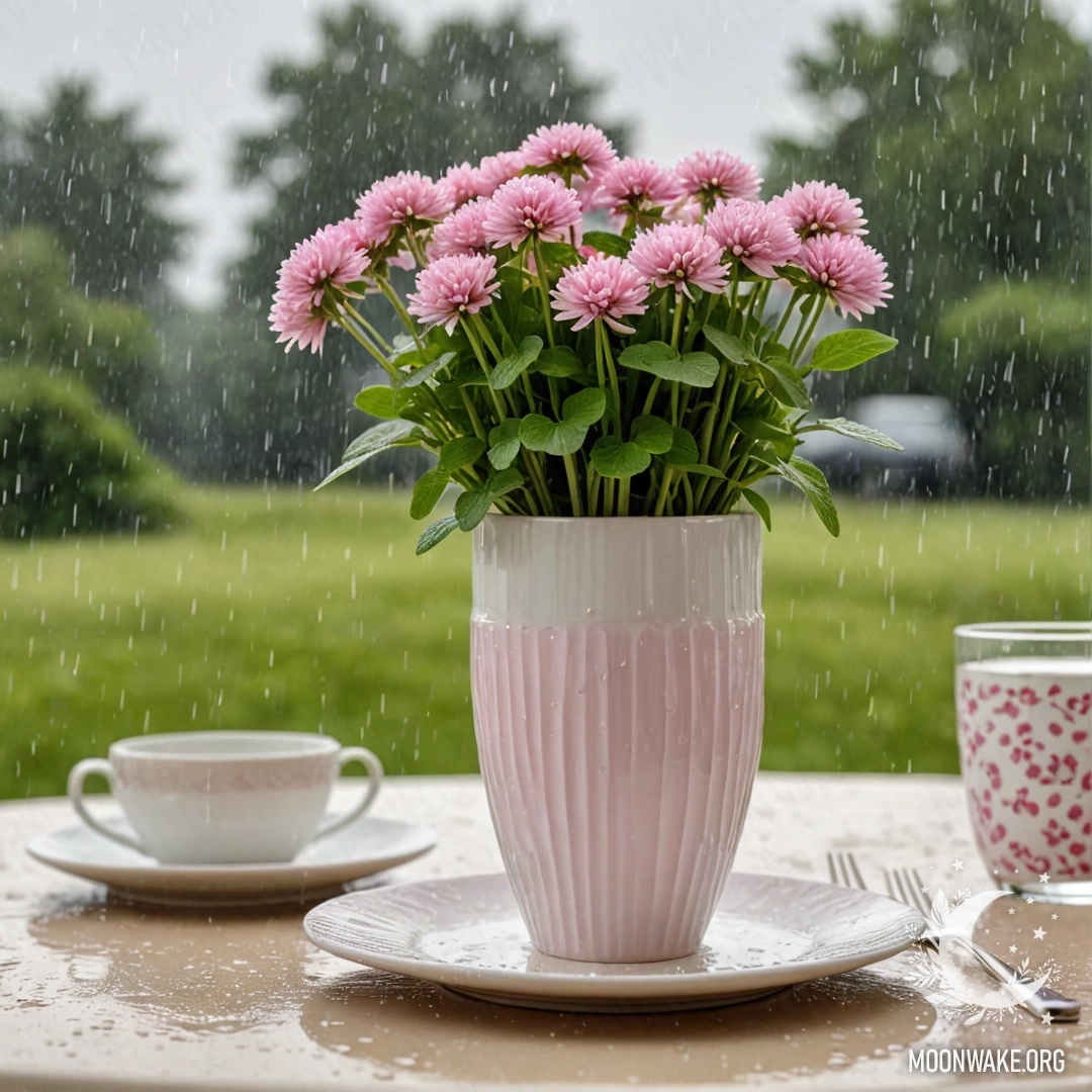 A round straw napkin with white porcelain cups featuring a pink pattern and a white vase with clover under the rain.