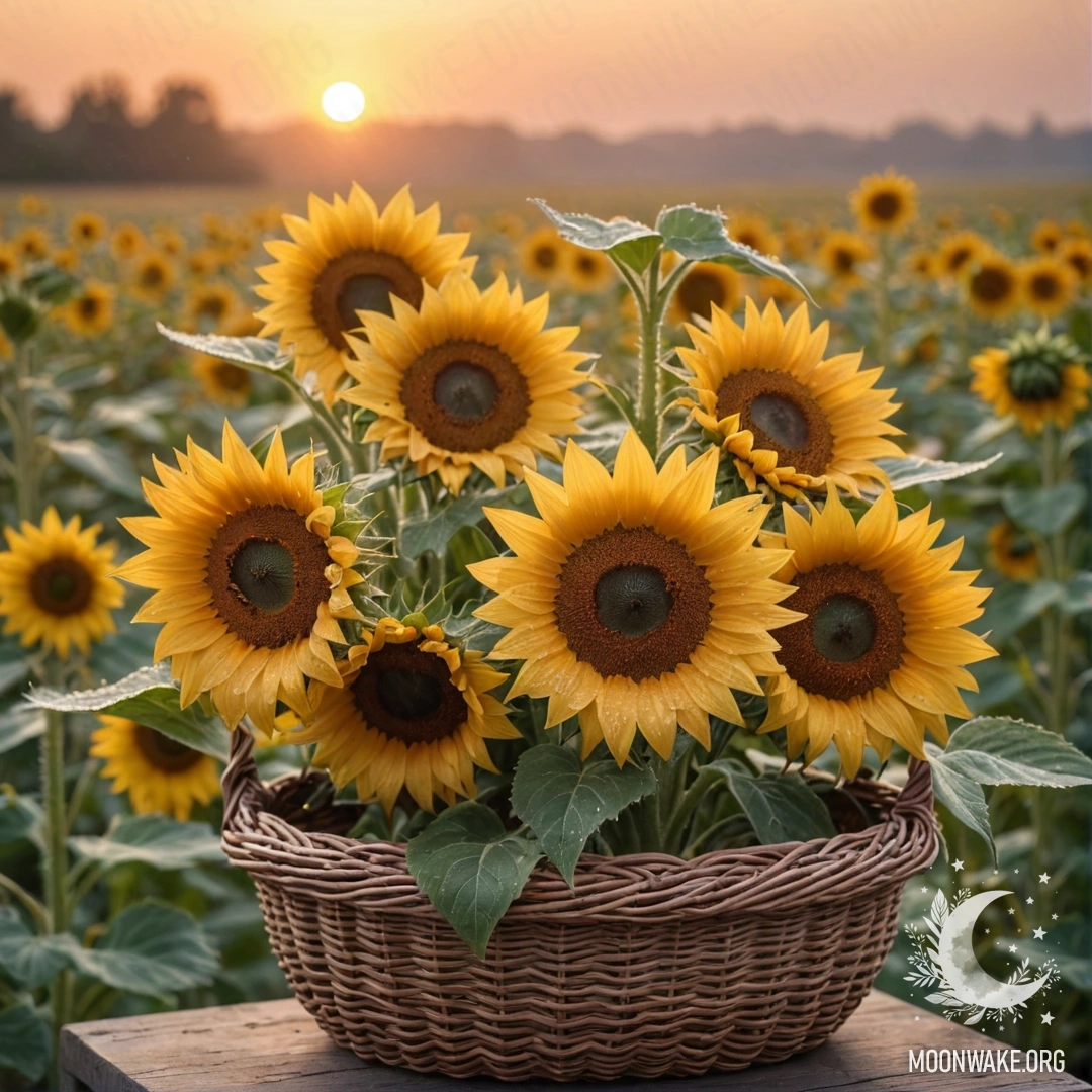 A basket filled with sunflowers adorned with dew drops at sunset.