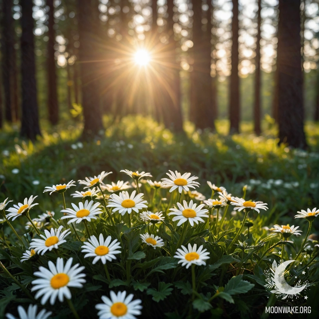 Close-up of daisies illuminated by soft garland lights under trees with sunset glow.