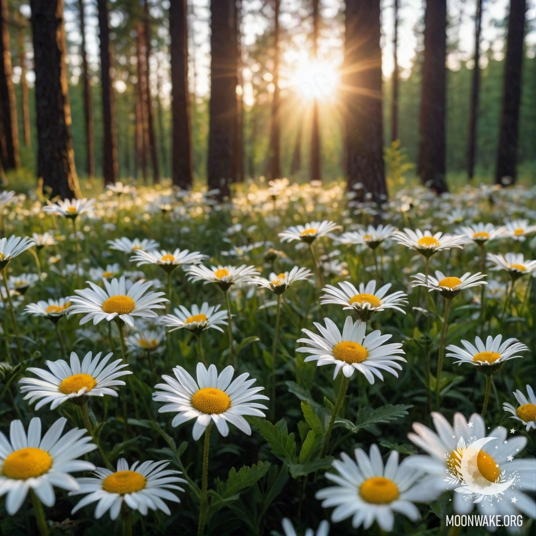 Close-up of daisies illuminated by sunlight at sunset in a forest.