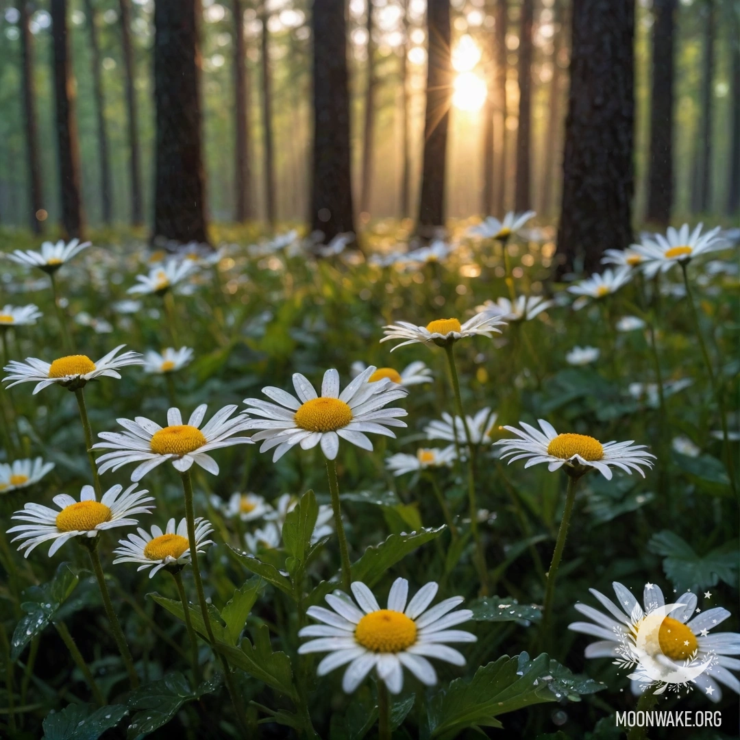 Gentle Sunshine through Forest Trees Close-up of white daisies under the rain with sunlight in the background.