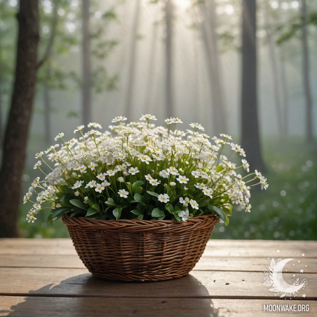 A small basket of white flowers on a wooden table, illuminated by sunlight in a foggy setting.