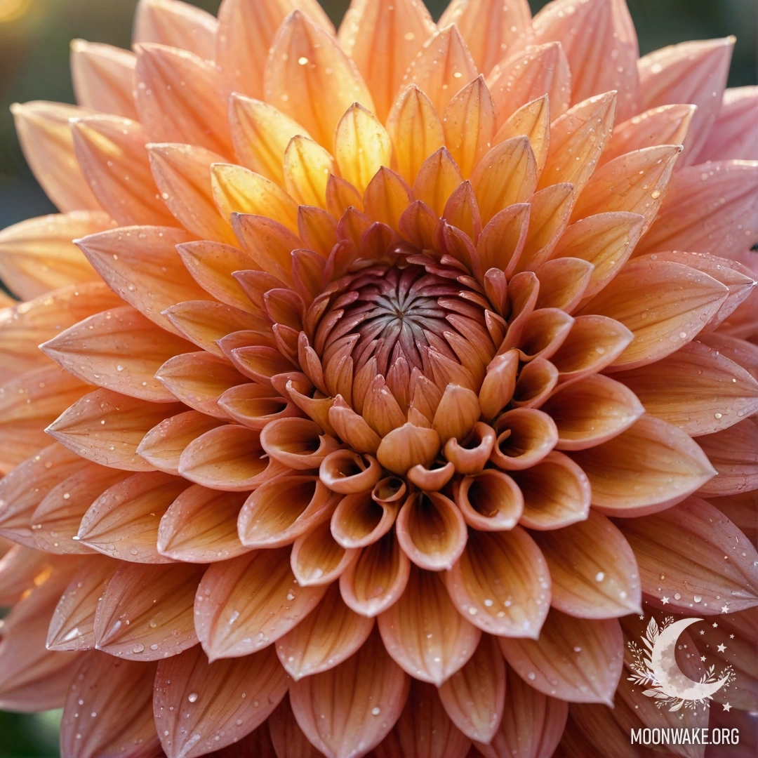 A beautiful dahlia flower adorned with dew drops under sunny rays.