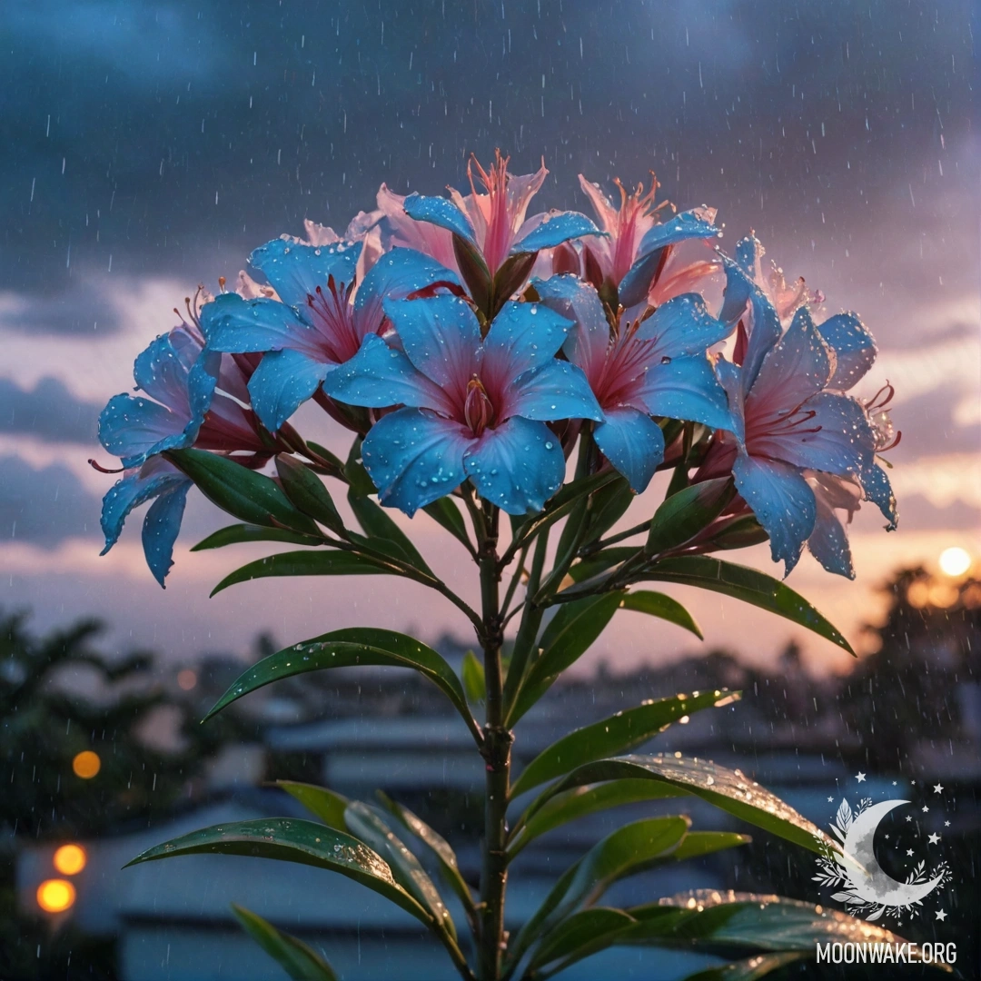 Geranium in Misty Night Rain A bouquet of lime-colored geraniums in the misty rain at night.