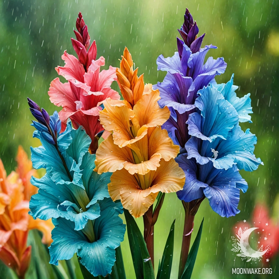 Gladiolus Bouquet in the Rain at Sunset A beautiful bouquet of greenish-blue gladiolus flowers under the rain at sunset.