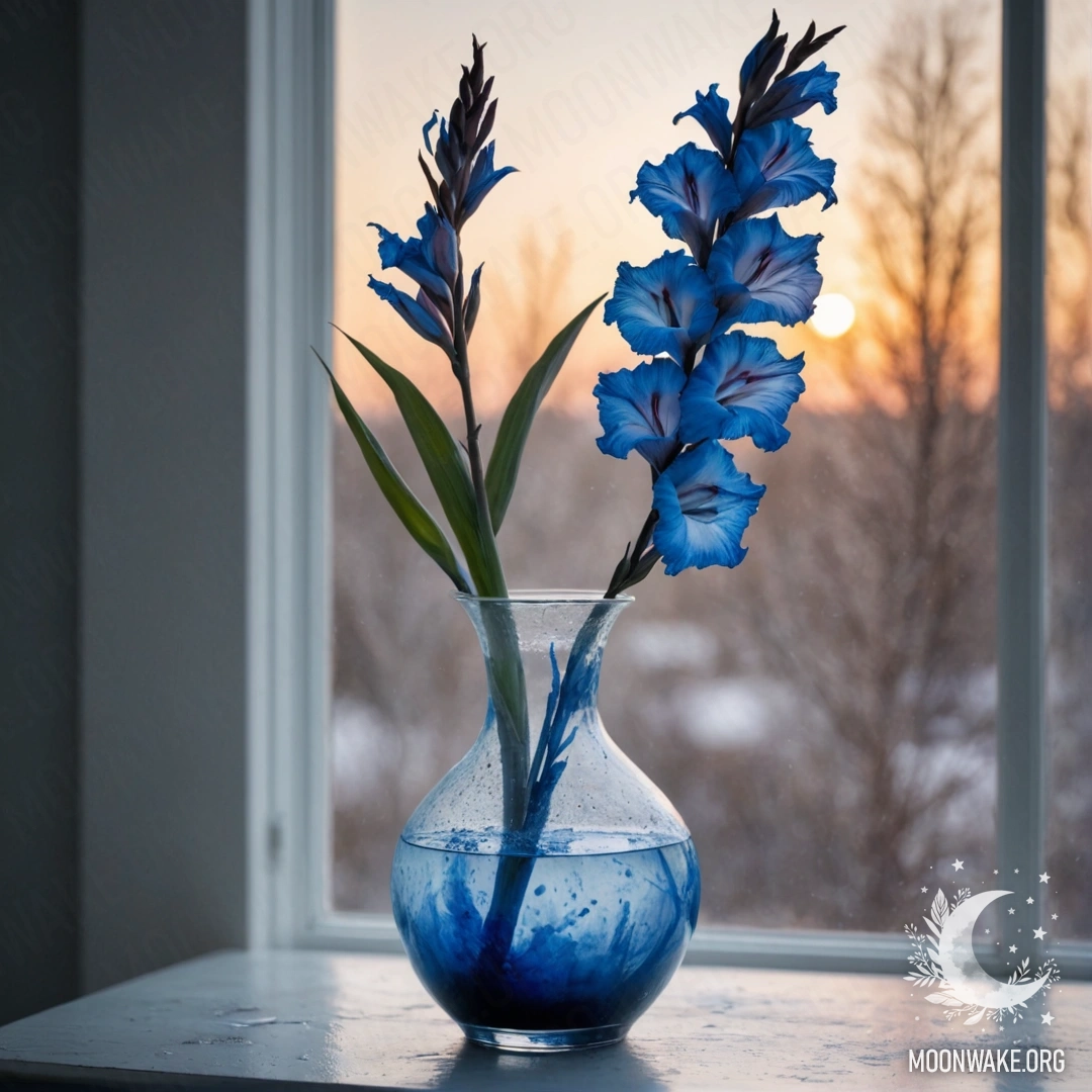 A blue vase with a single gladiolus in frost at sunset.