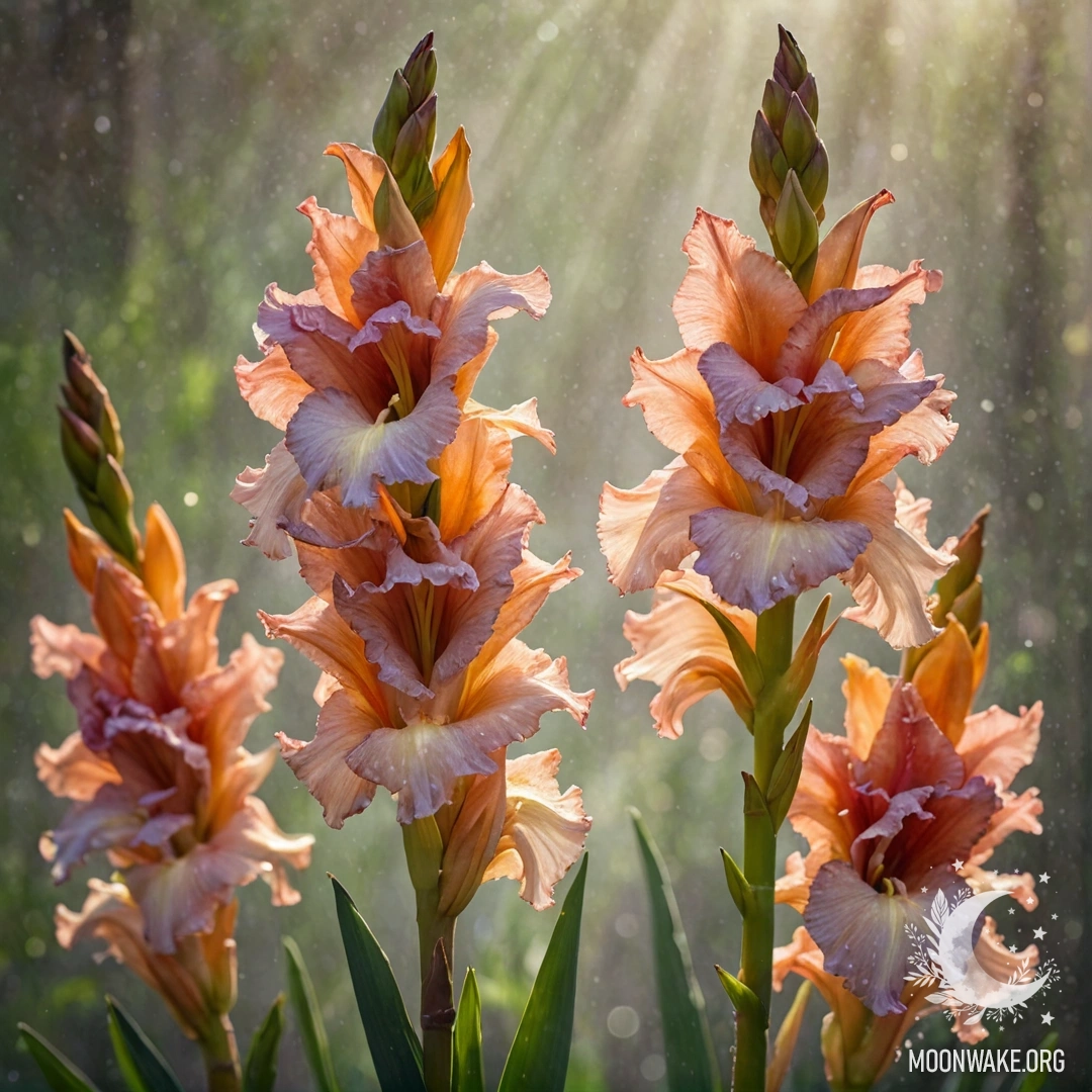 A beautiful gladiolus flower enveloped in mist, shining in sunlight.