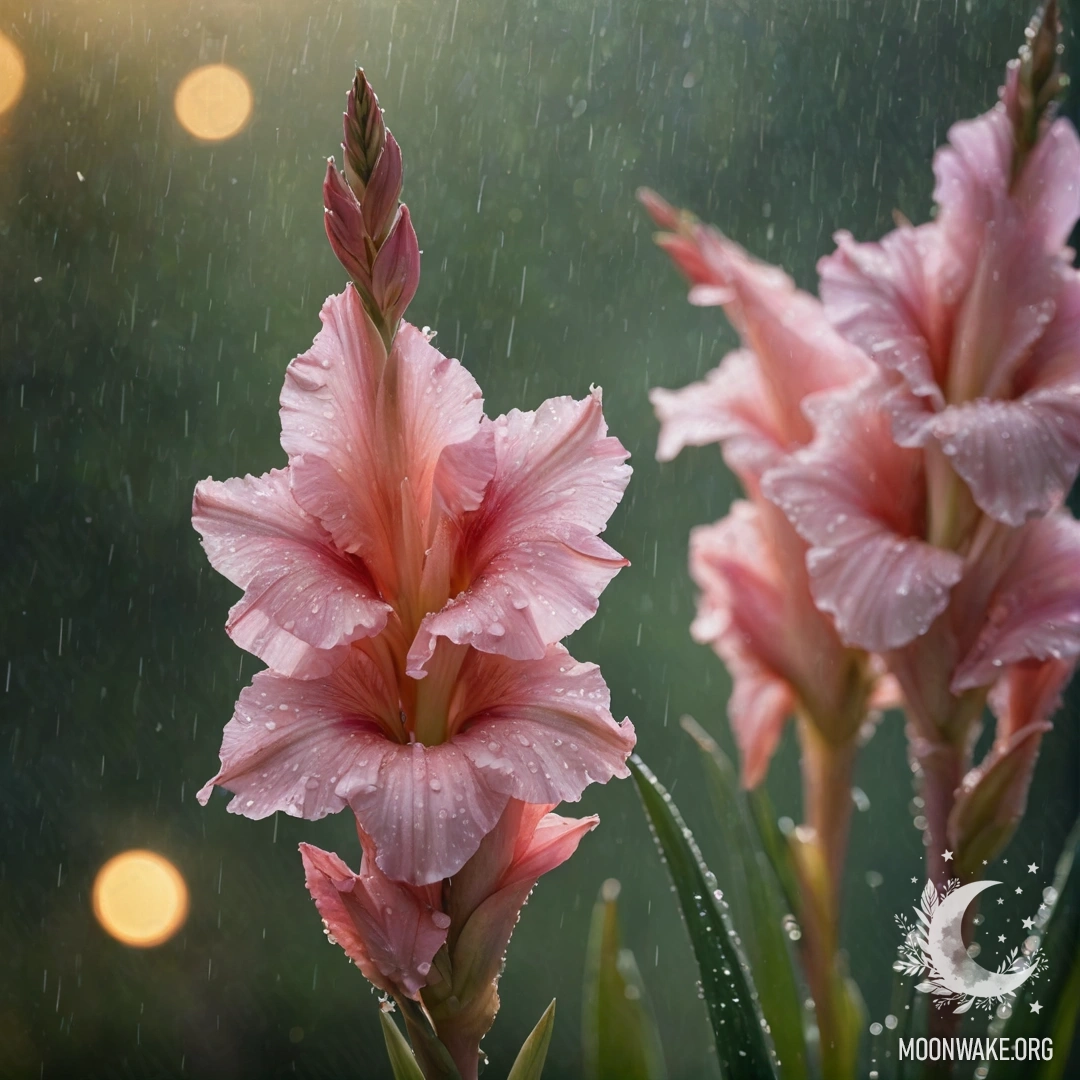 Gladiolus Under Rain at Sunset A beautiful gladiolus flower drenched by rain at sunset, glistening with glitter.