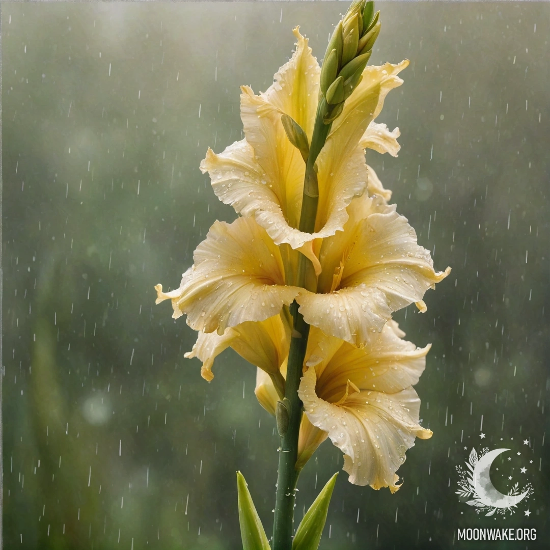 Gladiolus Under Rain With Glitter A delicate cream yellow gladiolus flower drenched in rain, embellished with shimmering glitter.