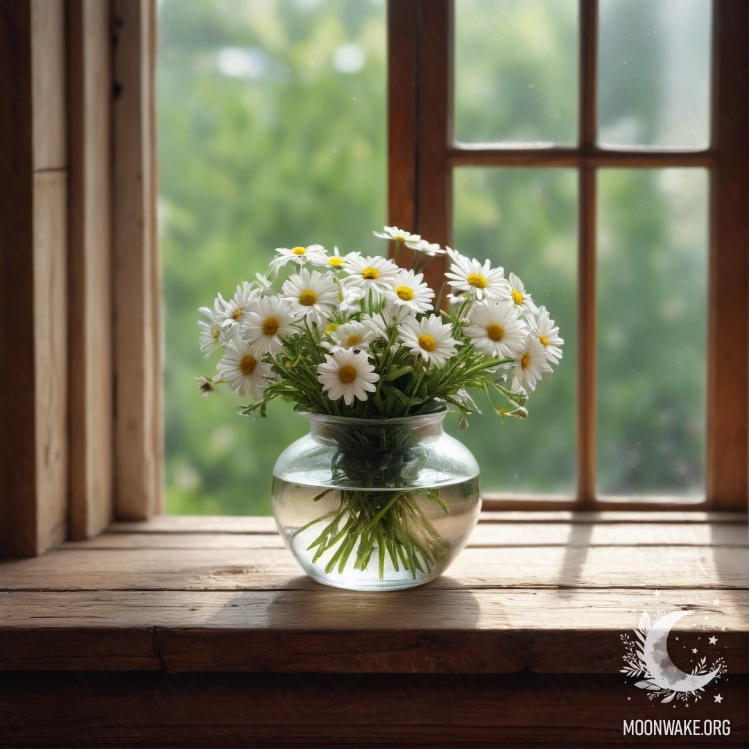 A glass vase filled with white daisies is placed on a vintage wooden windowsill adorned with a soft garland of lights.