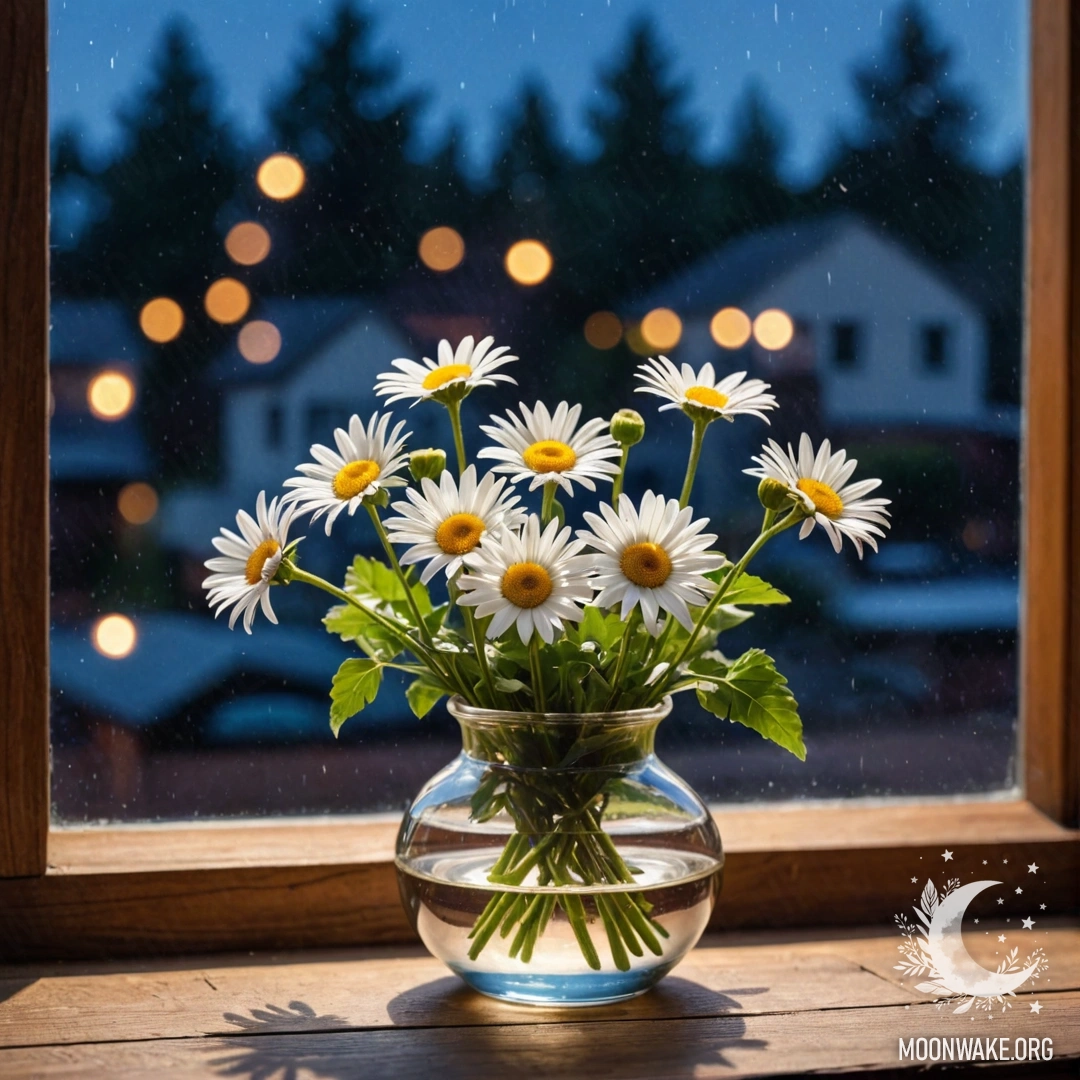 A glass vase with daisies placed on a vintage wooden windowsill at night.