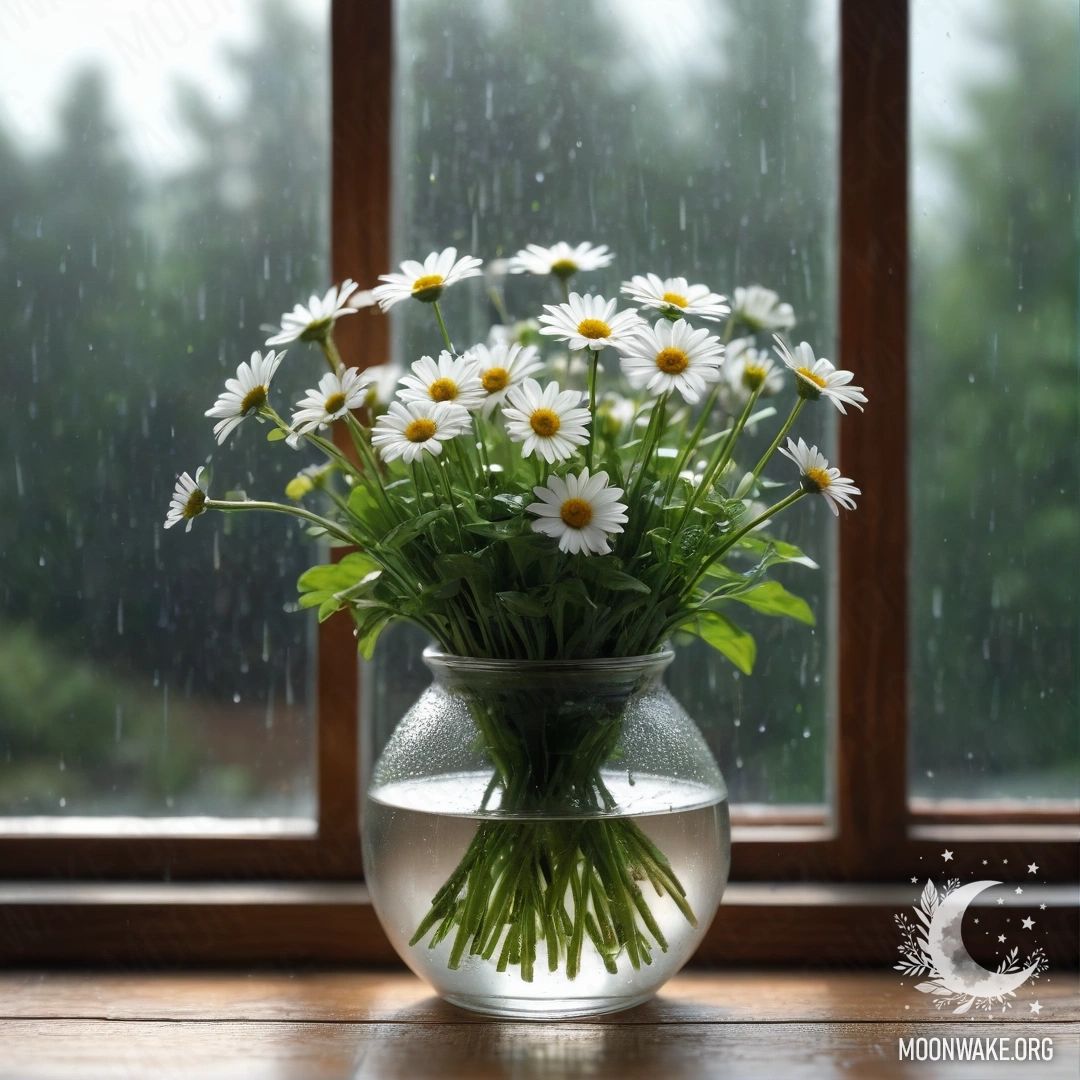 A glass vase filled with daisies sits on a wooden vintage windowsill, rain falling outside.
