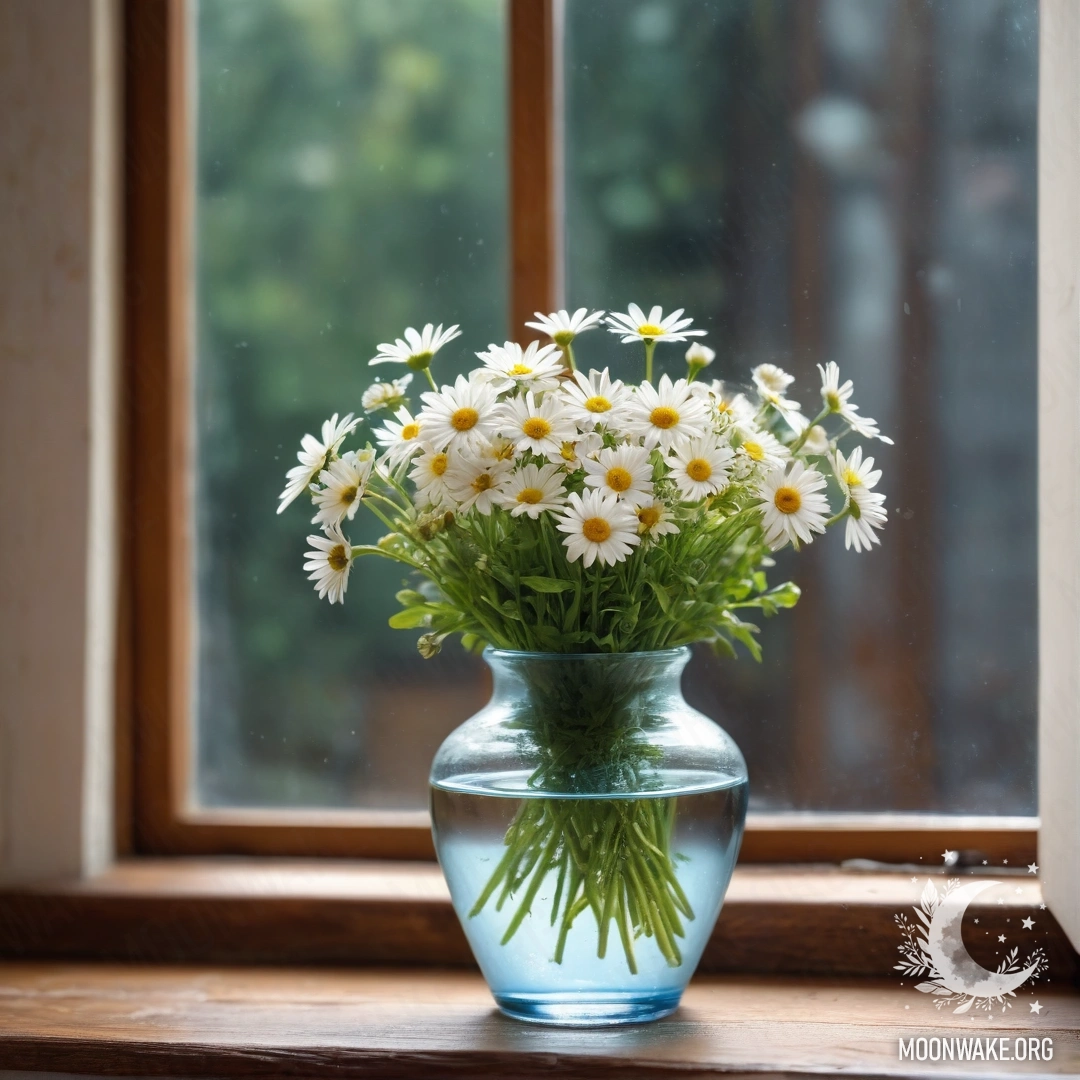 A glass vase filled with daisies placed on a wooden vintage windowsill.