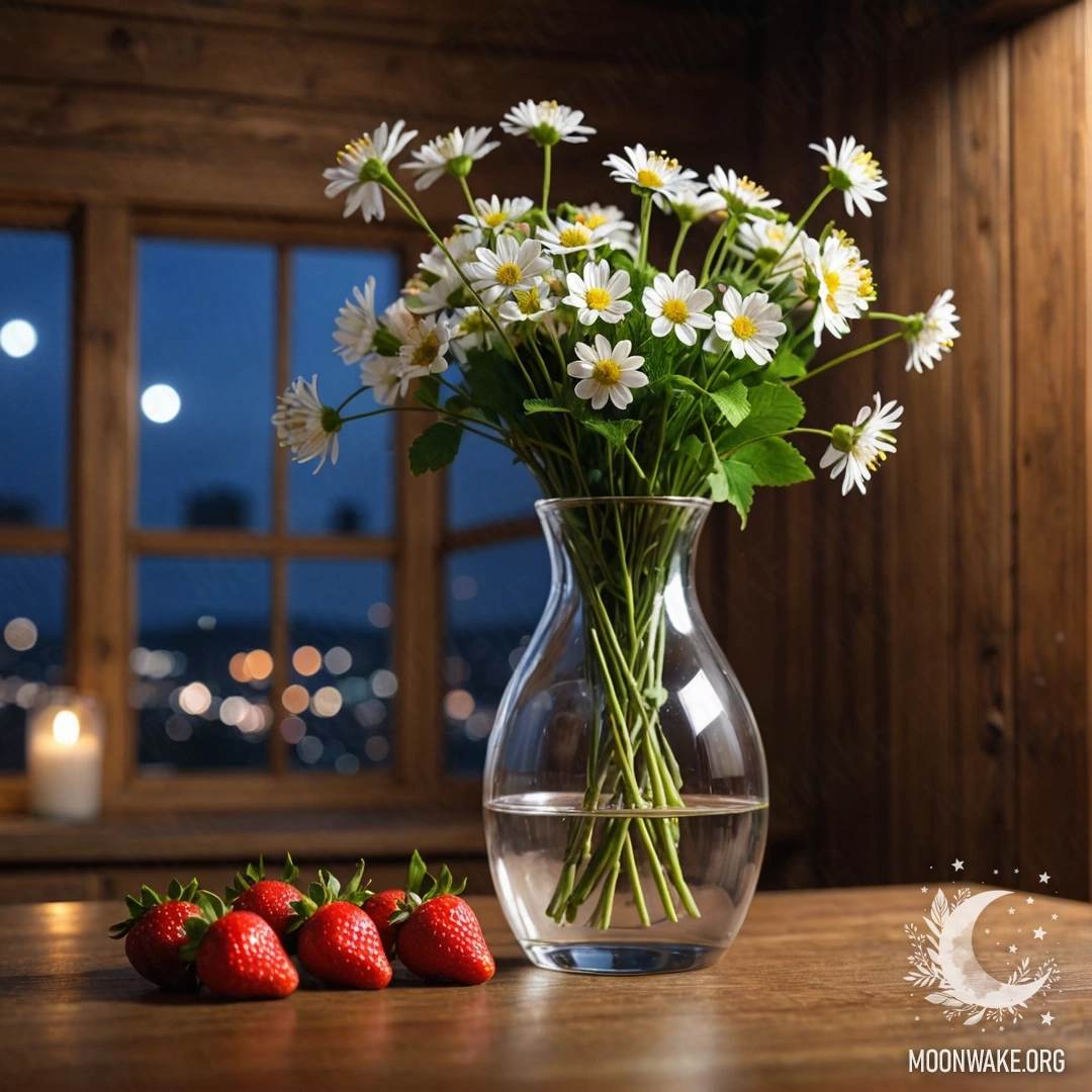 A glass vase containing strawberry branches and flowers against a wooden wall at nighttime.