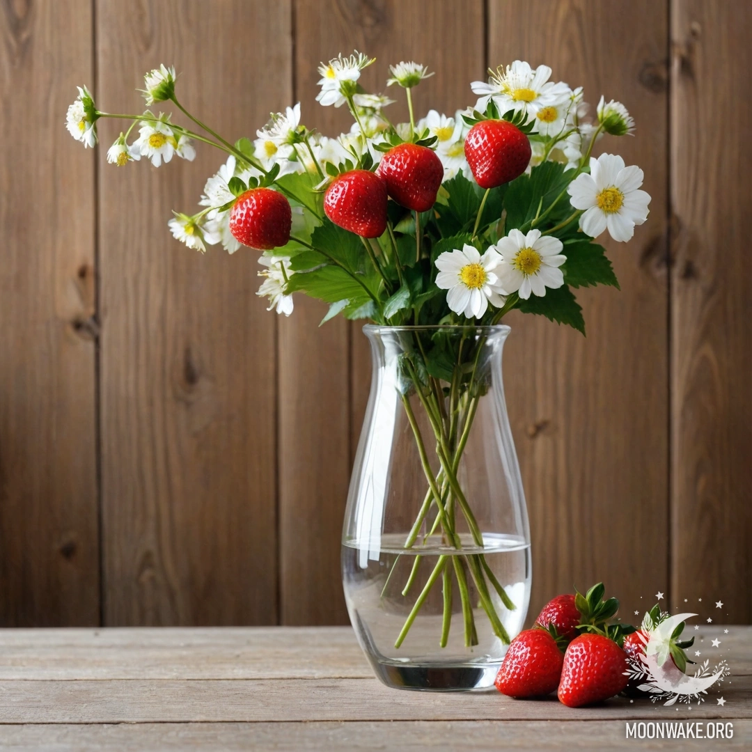A glass vase with branches of strawberries and flowers against a wooden wall.