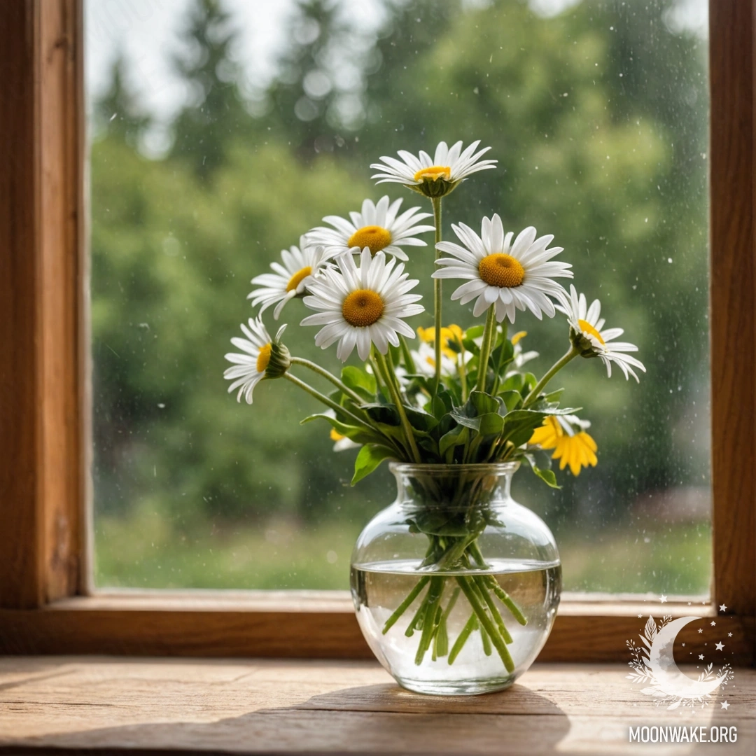 A photorealistic image of a glass vase with daisies placed on a vintage wooden windowsill.