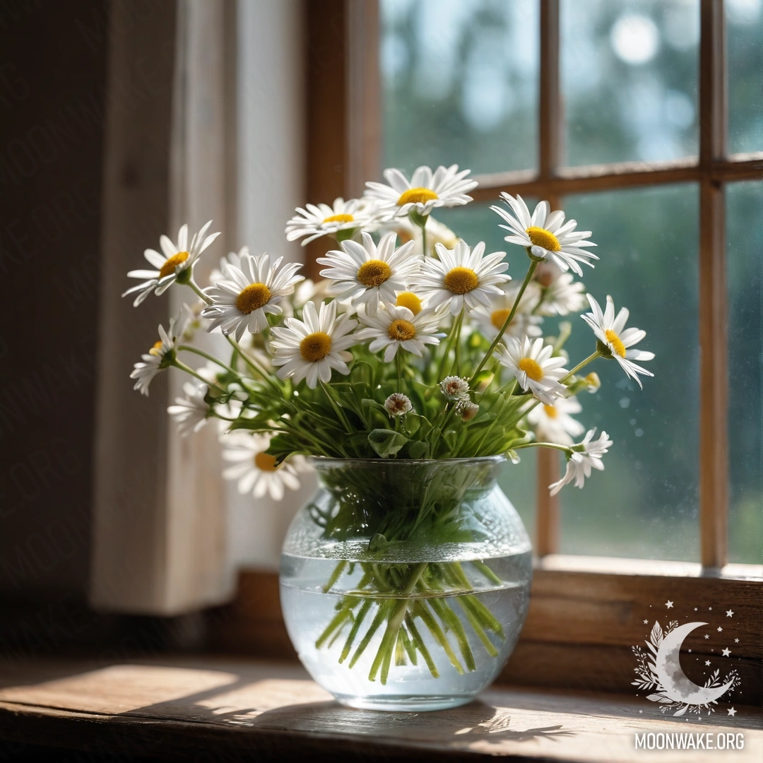 A glass vase filled with daisies sitting on a wooden vintage windowsill.