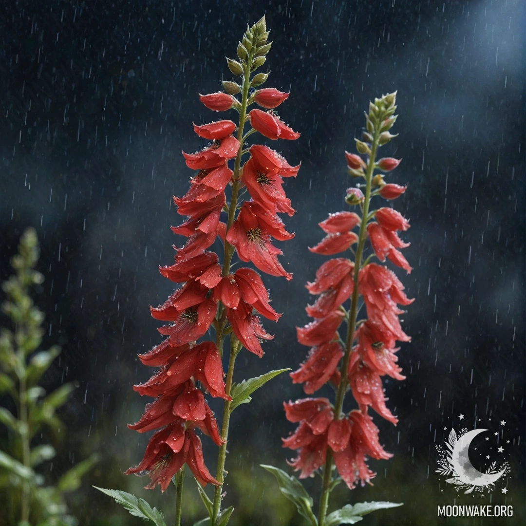 Glistening Delphinium in Rainy Night A beautiful delphinium in the mist during a rainy night, sparkling with sequins.