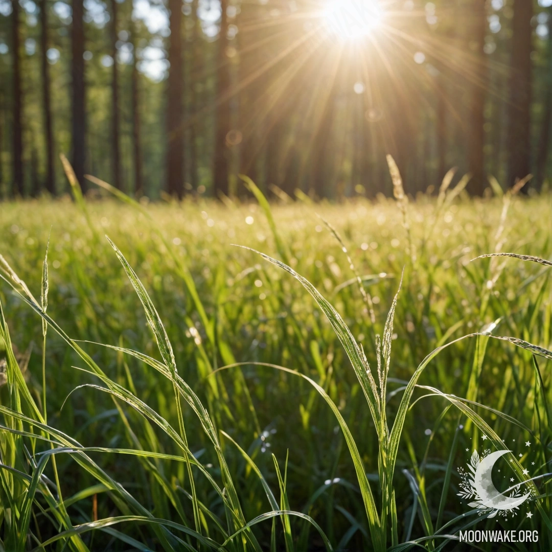 Glistening Grass with Sunbeams Close-up of delicate grass blades illuminated by soft sunlight in a bokeh forest background.