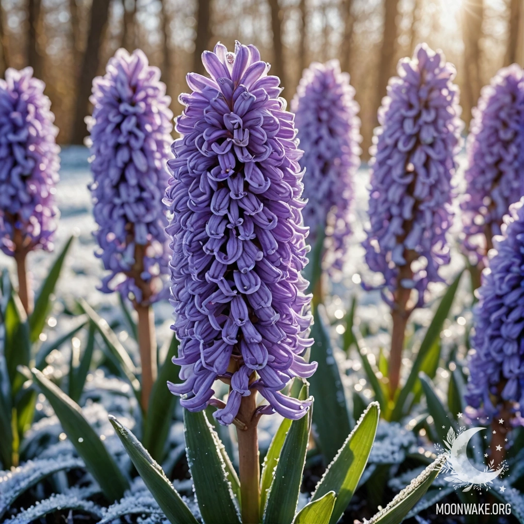Glistening Purple Hyacinth in Frost Beautiful purple hyacinth covered with frost and sparkling in sunlight.